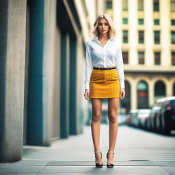 A blonde woman with crossed legs, wearing a micro skirt, mini shirt, and heels, posing confidently