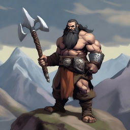 A hill dwarf barbarian man with heavy armor, wielding a big two-handed greataxe