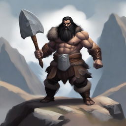 A hill dwarf barbarian man with heavy armor, wielding a big two-handed greataxe