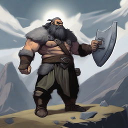 A hill dwarf barbarian man with heavy armor, wielding a big two-handed greataxe