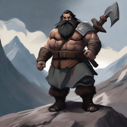 A hill dwarf barbarian man with heavy armor, wielding a big two-handed greataxe