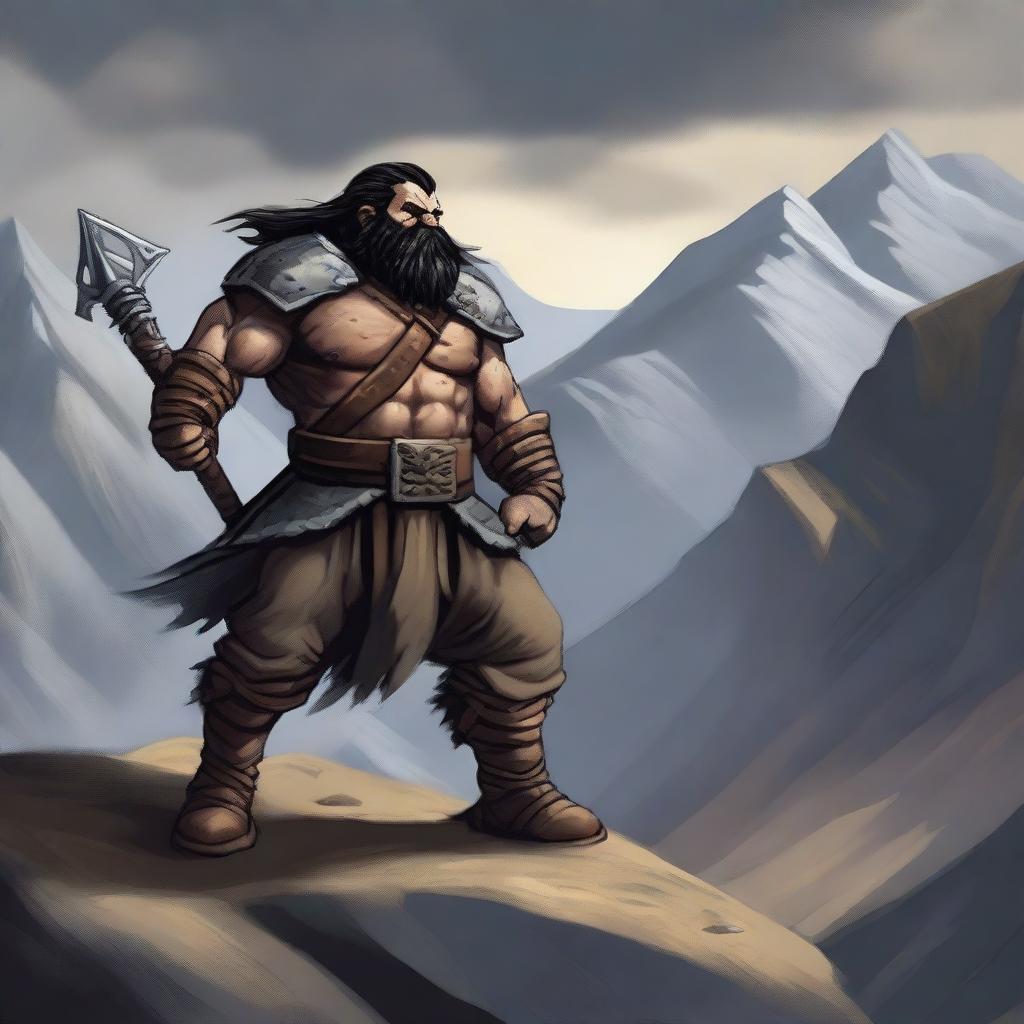 A hill dwarf barbarian man with heavy armor, wielding a weapon