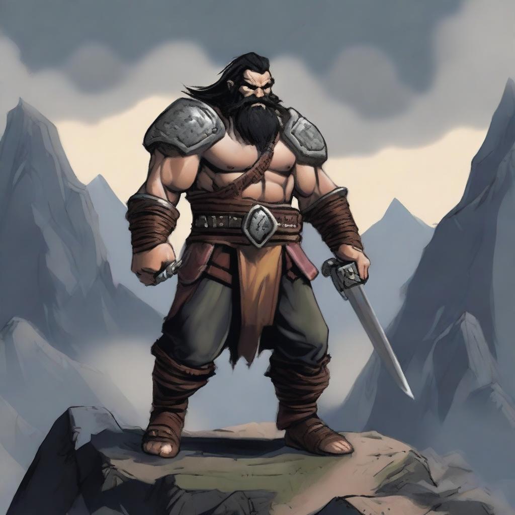 A hill dwarf barbarian man with heavy armor, wielding a weapon