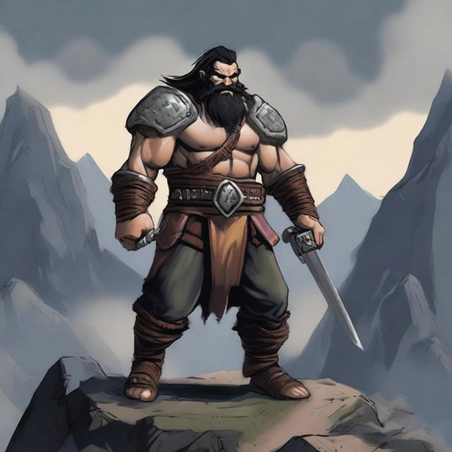 A hill dwarf barbarian man with heavy armor, wielding a weapon