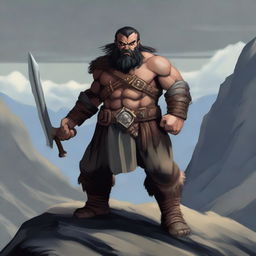 A hill dwarf barbarian man with heavy armor, wielding a weapon