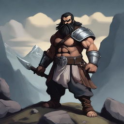 A hill dwarf barbarian man with heavy armor, wielding a weapon