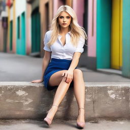 A blonde woman with long hair, sitting with crossed legs, wearing a micro sexy skirt, mini shirt, and heels