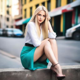 A blonde woman with long hair, sitting with crossed legs, wearing a micro sexy skirt, mini shirt, and heels