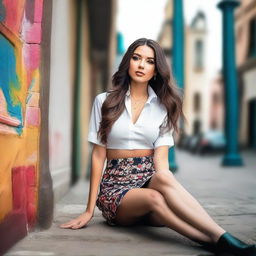 A brunette woman with long hair, sitting with crossed legs, wearing a micro sexy skirt, mini shirt, and heels