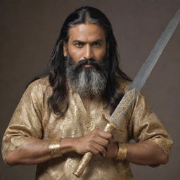 A middle-aged Indian man with long hair and a beard, wielding a beautiful long sword, adorned with intricate gold engravings