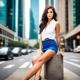 A brunette woman with long hair, sitting in front of the viewer, wearing a micro sexy skirt, mini shirt, and heels