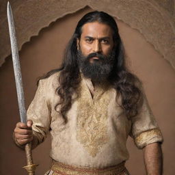 A middle-aged Indian man with long hair and a beard, wielding a beautiful long sword, adorned with intricate gold engravings