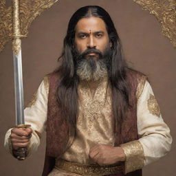 A middle-aged Indian man with long hair and a beard, wielding a beautiful long sword, adorned with intricate gold engravings