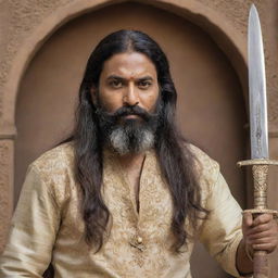 A middle-aged Indian man with long hair and a beard, wielding a beautiful long sword, adorned with intricate gold engravings