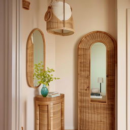 A classic, small entrance hall updated with a modern twist, incorporating beige and pistachio colors, and using rattan materials. A well-placed mirror contributes to the overall aesthetic.