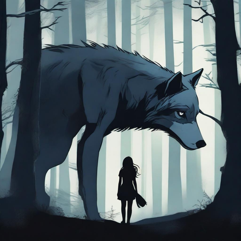 A captivating image of a wolf and a human girl staring at each other in a dark, mystical forest