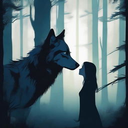 A captivating image of a wolf and a human girl staring at each other in a dark, mystical forest