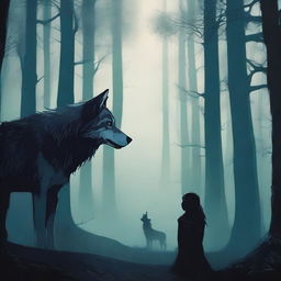 A captivating image of a wolf and a human girl staring at each other in a dark, mystical forest