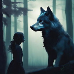 A captivating image of a wolf and a human girl staring at each other in a dark, mystical forest