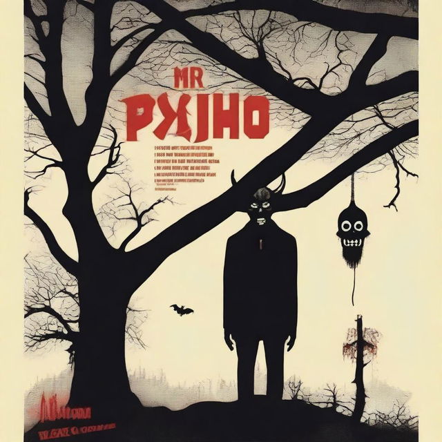 A poster featuring a devil horned figure with a psycho smile on one side, and an upside-down hanging dead body on a tree on the other side