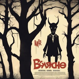 A poster featuring a devil horned figure with a psycho smile on one side, and an upside-down hanging dead body on a tree on the other side