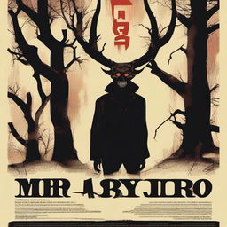 A poster featuring a devil horned figure with a psycho smile on one side, and an upside-down hanging dead body on a tree on the other side