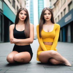 Two brunette dancer women with long hair, sitting in front of the viewer with crossed legs, wearing hyper tiny tight skirts and tiny shirts, along with high heels