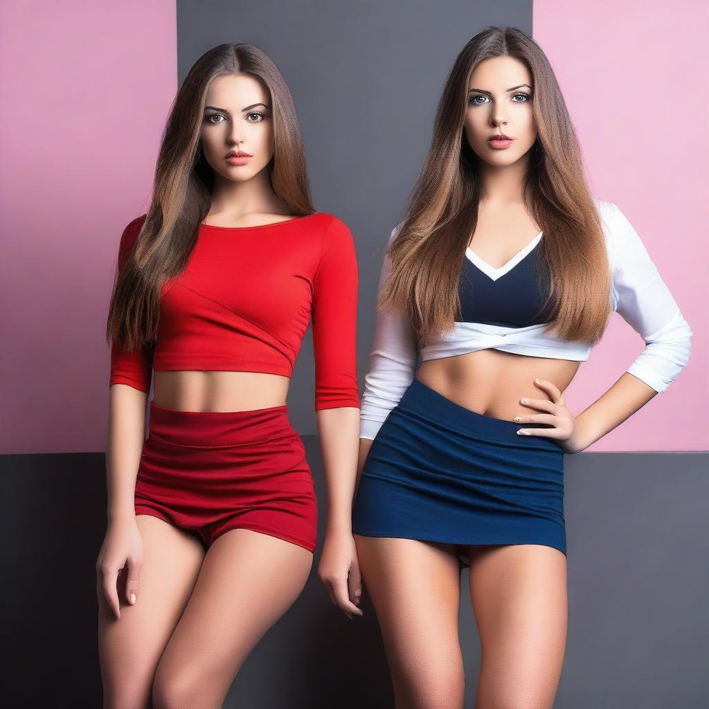 Two brunette dancer women with long hair, sitting in front of the viewer with crossed legs, wearing hyper tiny tight skirts and tiny shirts, along with high heels