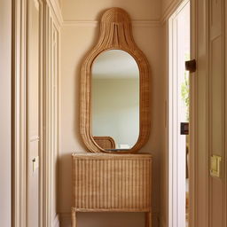 A classic, small entrance hall updated with a modern twist, incorporating beige and pistachio colors, and using rattan materials. A well-placed mirror contributes to the overall aesthetic.