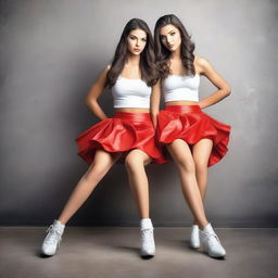 Two brunette dancer girls with long hair, sitting in front of the viewer with their legs crossed