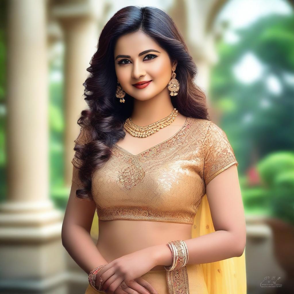 A detailed portrait of Porimoni, a popular Bangladeshi actress, showcasing her elegant and glamorous style