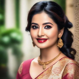 A detailed portrait of Porimoni, a popular Bangladeshi actress, showcasing her elegant and glamorous style