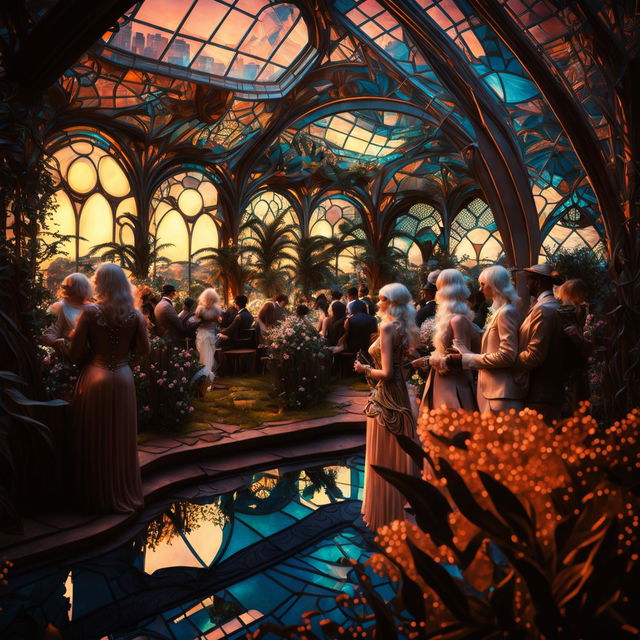 Art Nouveau cyberpunk garden party in glass sky cities during golden hour