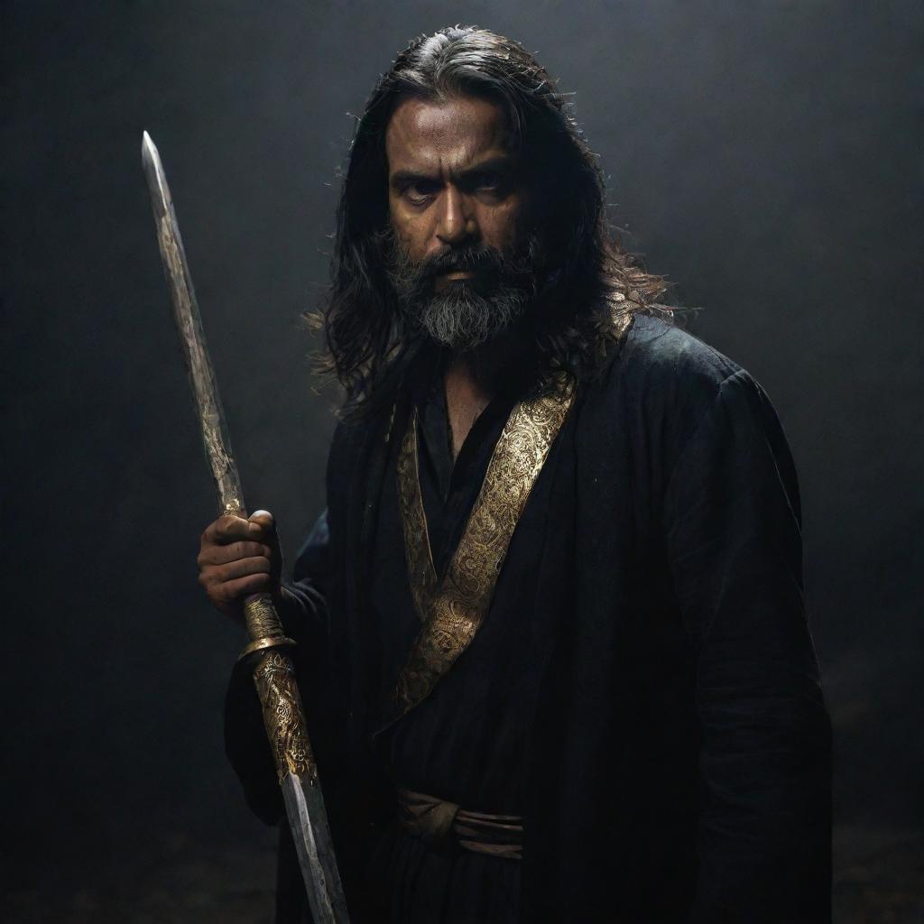 A middle-aged Indian man with long hair and a beard in a dark, moody atmosphere, brandishing a long sword with ominous gold engravings