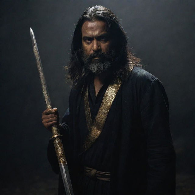 A middle-aged Indian man with long hair and a beard in a dark, moody atmosphere, brandishing a long sword with ominous gold engravings