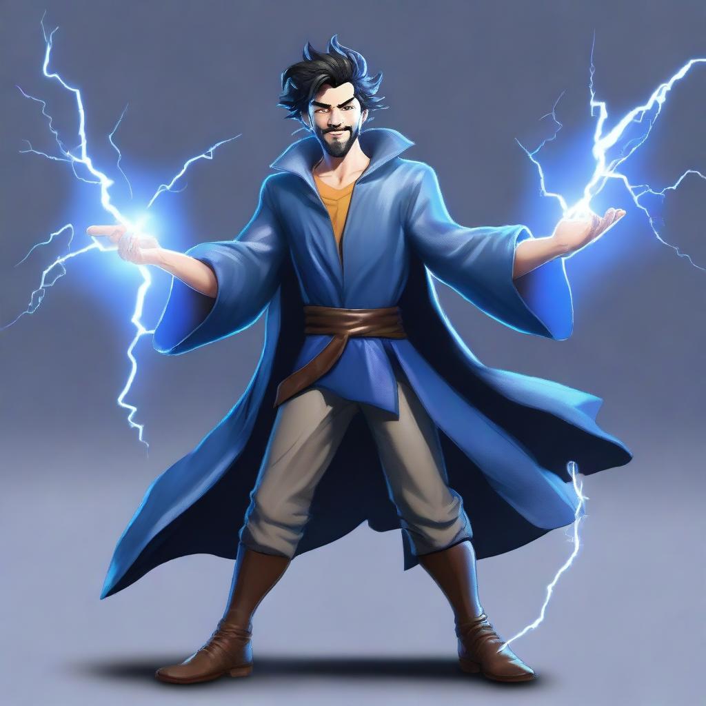 A semi-realistic, full-body human wizard casting a lightning bolt spell