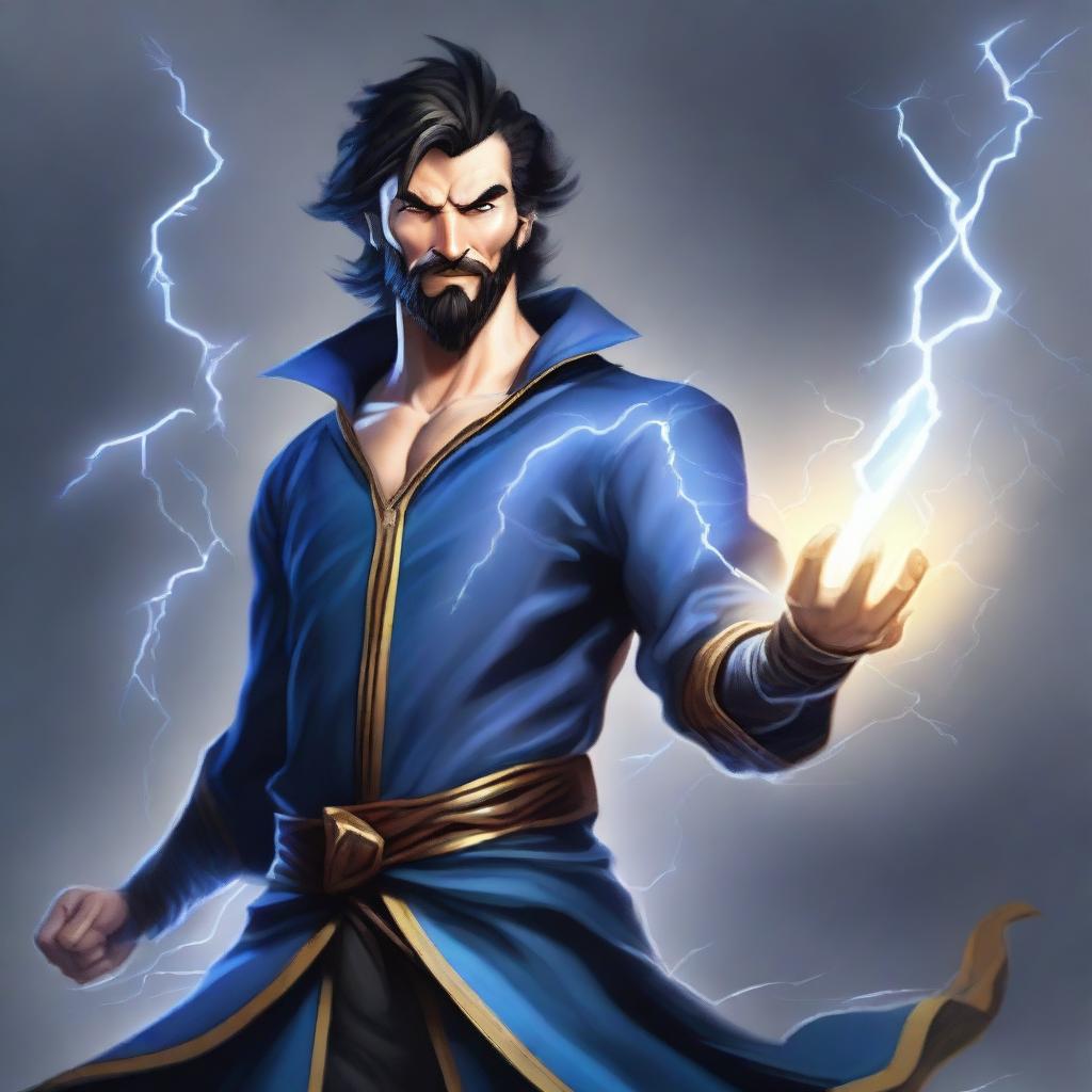 A semi-realistic, full-body human wizard casting a lightning bolt spell