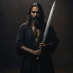 A middle-aged Indian man with long hair and a beard in a dark, moody atmosphere, brandishing a long sword with ominous gold engravings