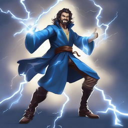 A semi-realistic, full-body human wizard casting a lightning bolt spell