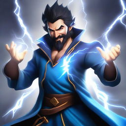 A semi-realistic, full-body human wizard casting a lightning bolt spell