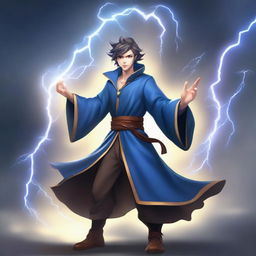 A semi-realistic, full-body happy human wizard casting a lightning bolt spell