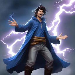 A semi-realistic, full-body happy human wizard casting a lightning bolt spell