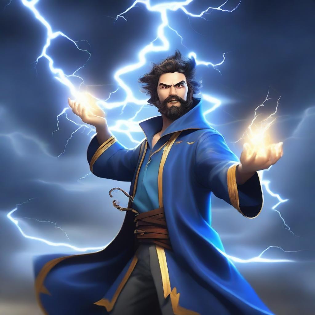 A semi-realistic, full-body happy human wizard casting a lightning bolt spell