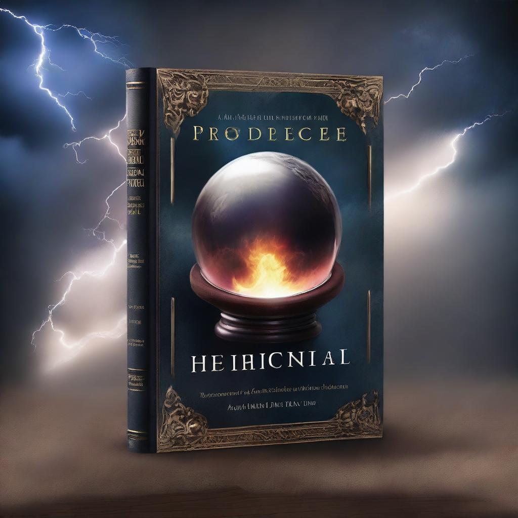 A captivating book cover featuring a mystical crystal ball, ancient scrolls, and a dark, stormy sky with lightning