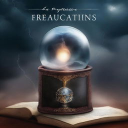 A captivating book cover featuring a mystical crystal ball, ancient scrolls, and a dark, stormy sky with lightning