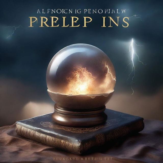 A captivating book cover featuring a mystical crystal ball, ancient scrolls, and a dark, stormy sky with lightning