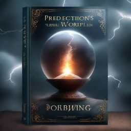 A captivating book cover featuring a mystical crystal ball, ancient scrolls, and a dark, stormy sky with lightning