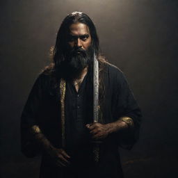 A middle-aged Indian man with long hair and a beard in a dark, moody atmosphere, brandishing a long sword with ominous gold engravings