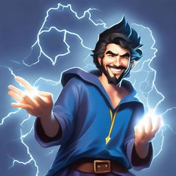 A semi-realistic, full-bodied happy human wizard casting a lightning bolt spell, wearing a blue shirt and sporting dark pointy hair and a short beard