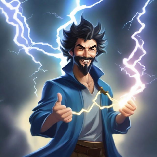 A semi-realistic, full-bodied happy human wizard casting a lightning bolt spell, wearing a blue shirt and sporting dark pointy hair and a short beard